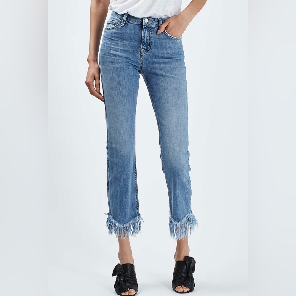 TOPSHOP Moto Y2K Mid Rise Fringe Hem Cropped Jeans